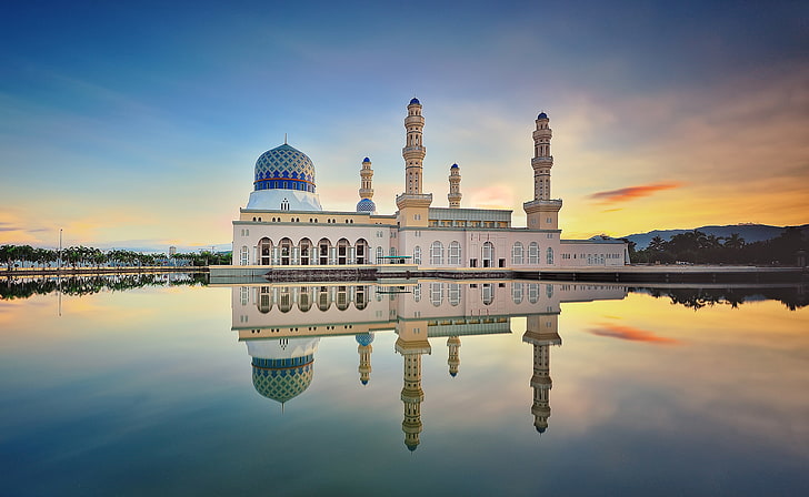 clouds, reflection, morning, mirror, Malaysia, Likas Bay, Kota Kinabalu city Mosque, HD wallpaper