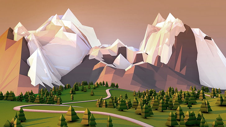 mountain illustration, mountains and trees illustration, low poly, HD wallpaper