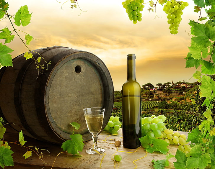 white grapes, wine glass, brown barrel, and wine bottle digital wallpaper, HD wallpaper
