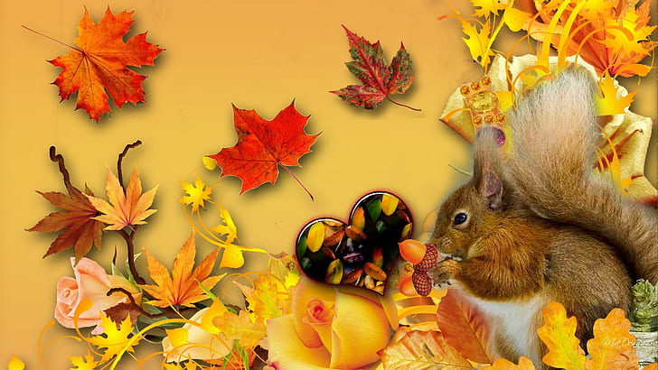Happy Fall Squirrel, brown rabbit; maple leaves and heart wall decor