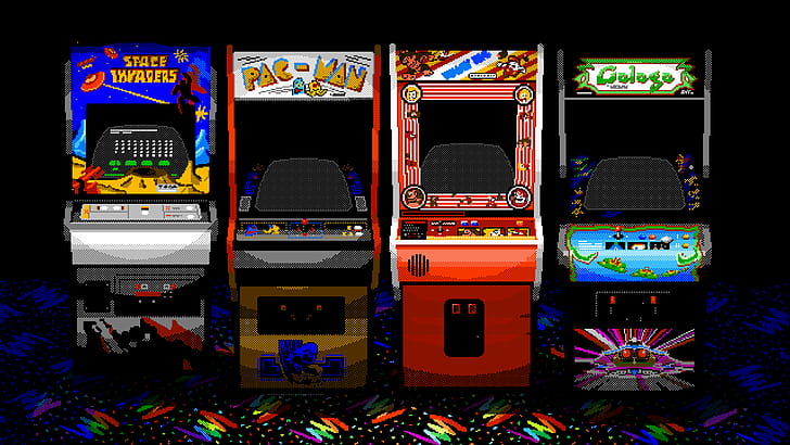 Ahoy, arcade, arcade machine, Space Invaders, Pac-Man, artwork, HD wallpaper