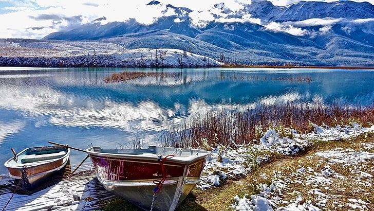 reflection, snow, lake, winter, water, mountain, sky, mountain range