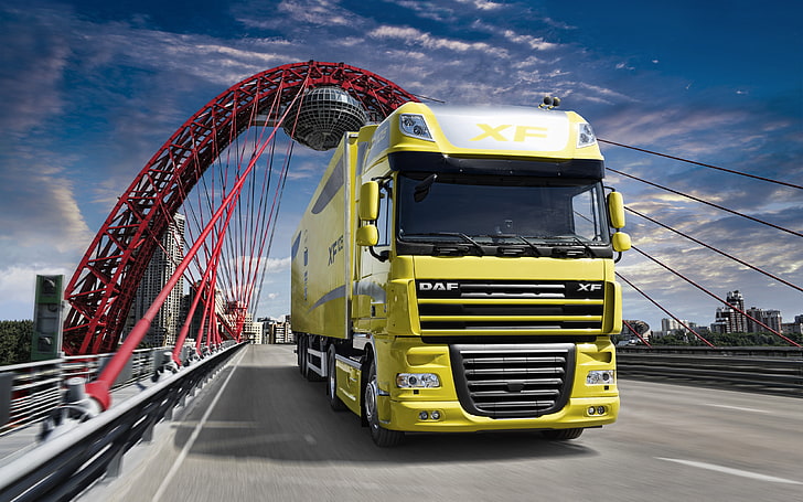 yellow and gray freight truck, Bridge, Wallpaper, Wallpapers, HD wallpaper