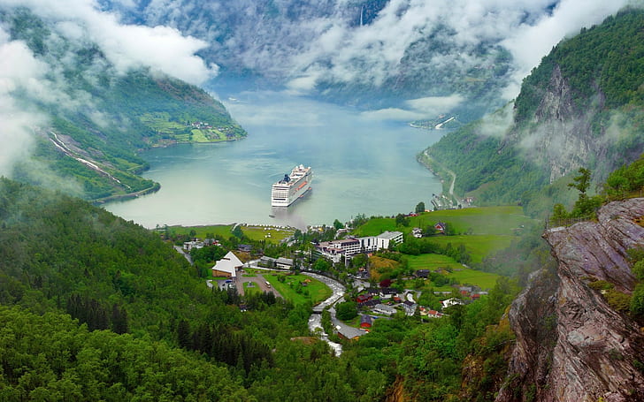 nature, lake, ship, river, cruise ship, mountains, clouds, Norway