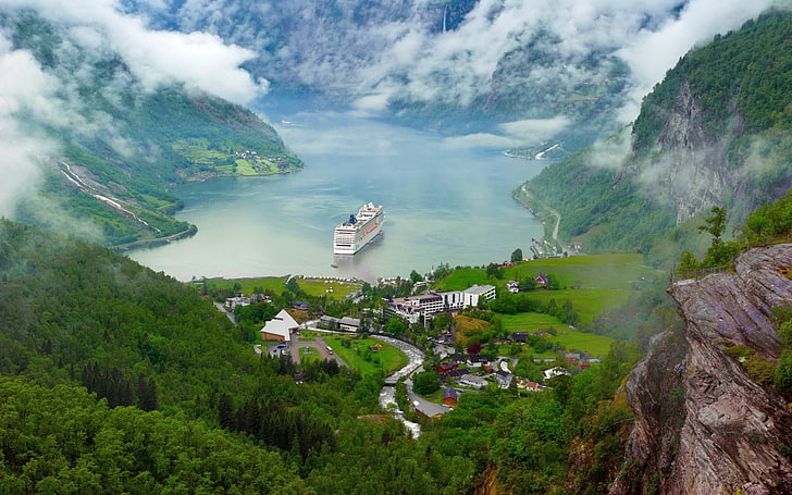 landscape of forest, Norway, nature, river, lake, ship, cruise ship, HD wallpaper