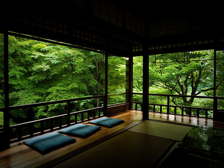 three blue cushions, verandah, trees, greens, rest, pillows, china, HD wallpaper
