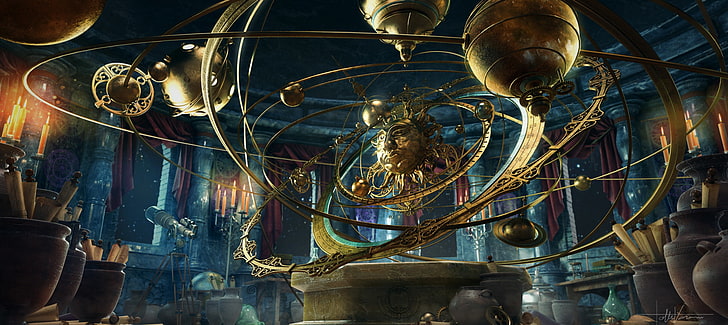 Solar System illustration, fantasy, planet, candles, steampunk, HD wallpaper