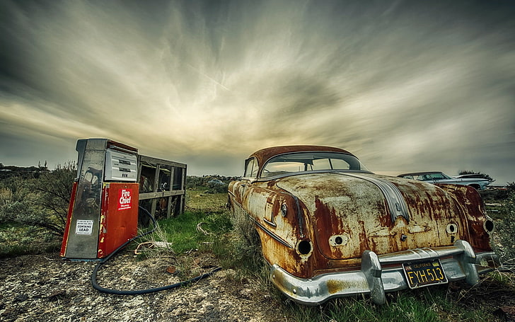 vintage brown vehicle, wreck, car, HDR, abandoned, mode of transportation