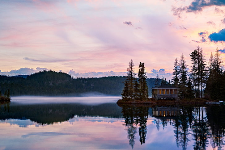 photography, nature, trees, mist, house, alone, lake, clouds, HD wallpaper