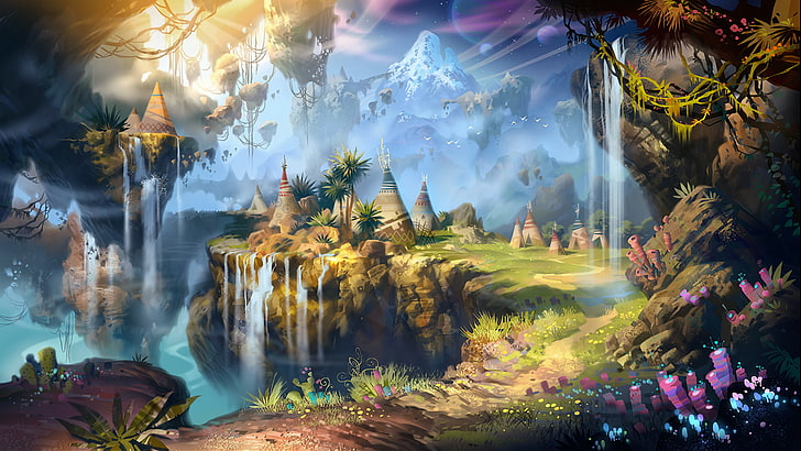 fantasy art, waterfall, mountains, plant, motion, tree, blurred motion, HD wallpaper