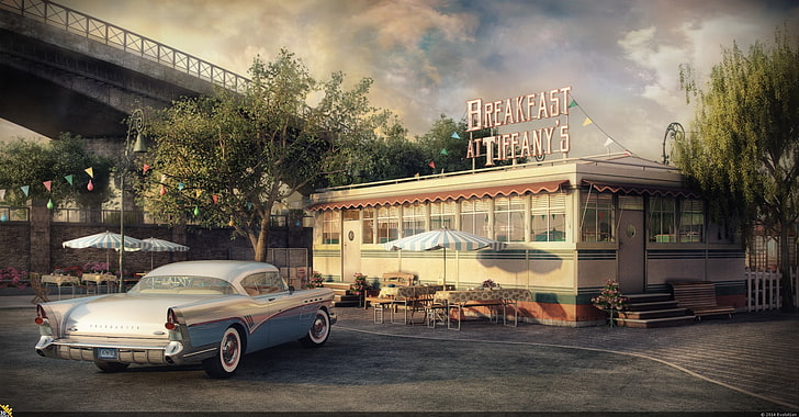 car, render, cafe, Buick Roadmaster, Breakfast at Tiffany's