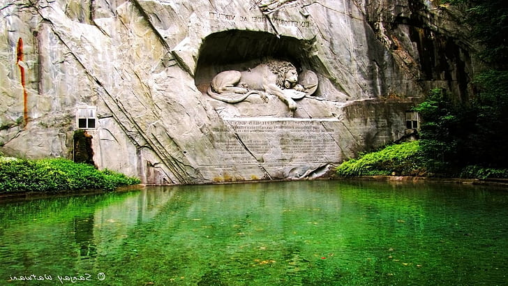 sculpture pond latin statue lion lion of lucerne, water, no people