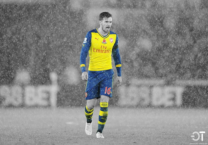 men's yellow and blue Fly Emirates soccer jersey, Aaron Ramsey, HD wallpaper