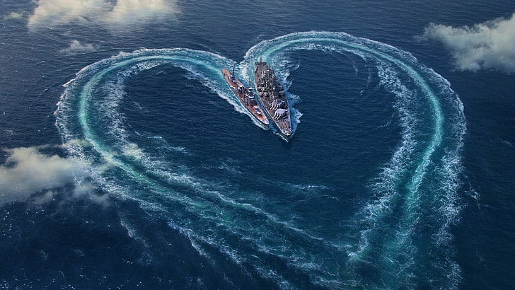 black cruise ship, heart, waves, sea, warship, water, motion
