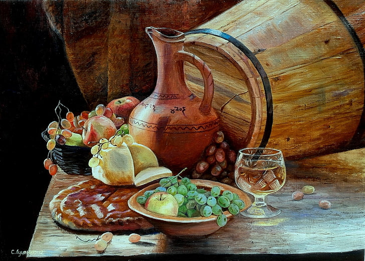 variety of fruits painting, wine, figure, glass, food, picture