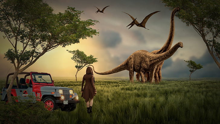 Fantasy, Dream, Car, Dinosaur, Woman, HD wallpaper