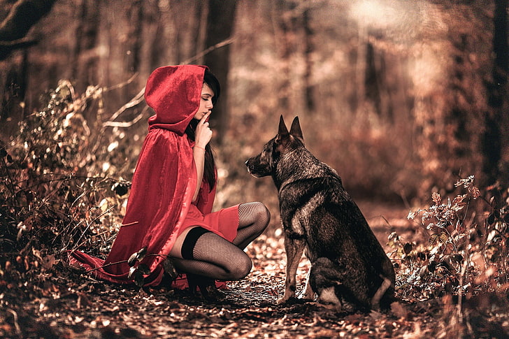 Red Riding Hood costume and wolf, fantasy art, women outdoors