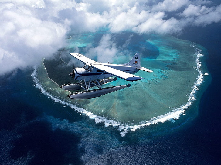 airplane, island, sea, aerial view, aircraft, vehicle, transportation, HD wallpaper