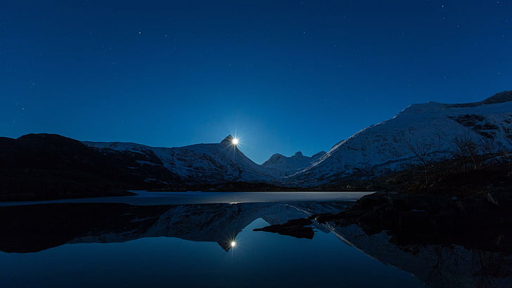 reflection, reflected, night sky, lake, moon, starry night, HD wallpaper