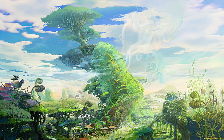 green forest painting, fantasy art, plants, ferns, sky, cloud - sky