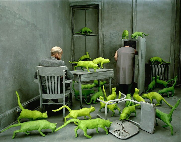 green cats artwork, pair, obsessions, Sandy Skoglund, the grey room, HD wallpaper