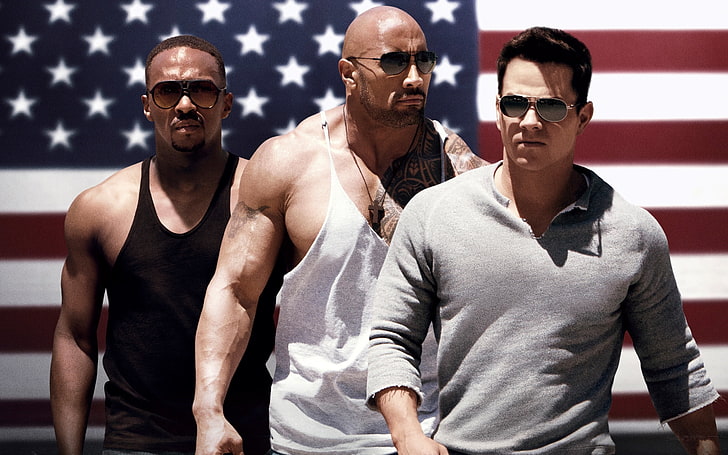 Dwayne Johnson, cross, flag, glasses, USA, muscles, Mark Wahlberg