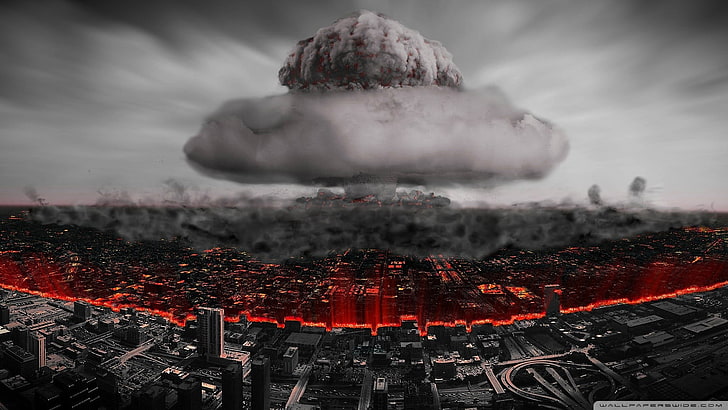 nuclear explosion illustration, bombs, city, cityscape, ruin