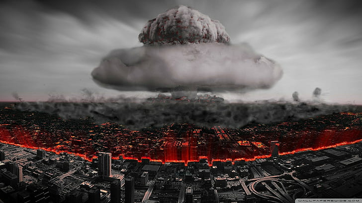 city, bombs, apocalyptic, digital art, cityscape, ruin, explosion