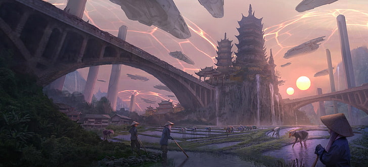 pagoda temple with bridge digital wallpaper, science fiction