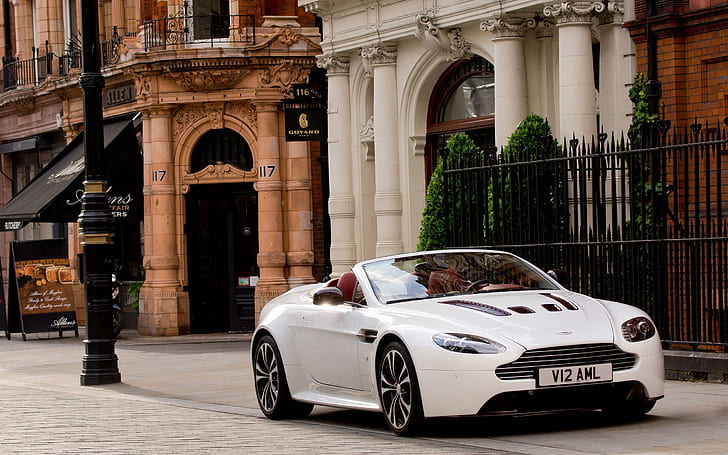 Aston Martin Vantage V12, white aston martin convertible car