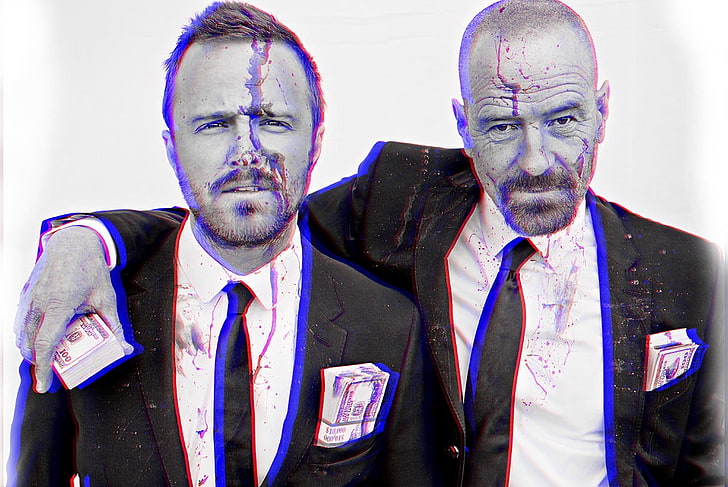 men's black suit, Breaking Bad, anaglyph 3D, two people, males