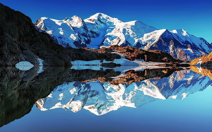 France, Alps, Mont Blanc, white mountains, lake, reflections, mirror, HD wallpaper