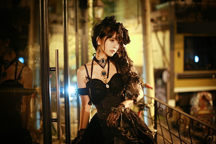 women's black sweetheart-neckline dress, Yurisa Chan, Korean, HD wallpaper