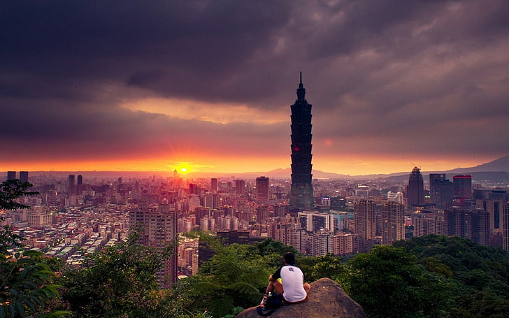 taipeh, cityscape, Taipei, Taipei 101, sunrise, overcast, building exterior, HD wallpaper
