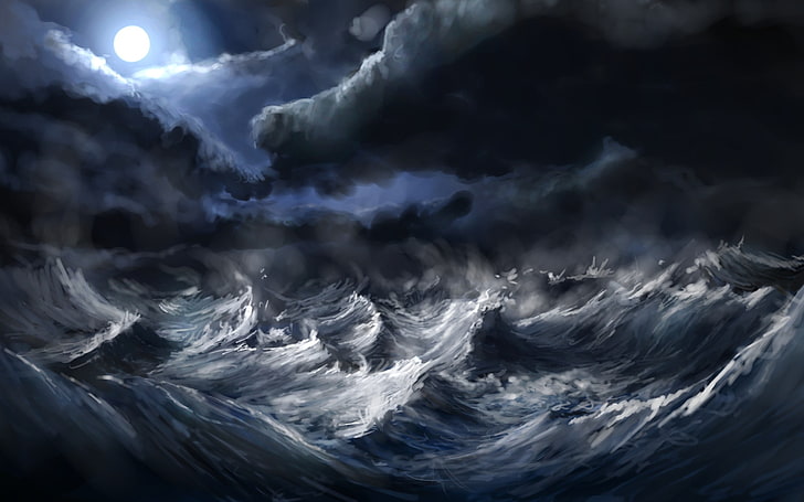 nimbus clouds over huge ocean waves, digital art, nature, landscape, HD wallpaper