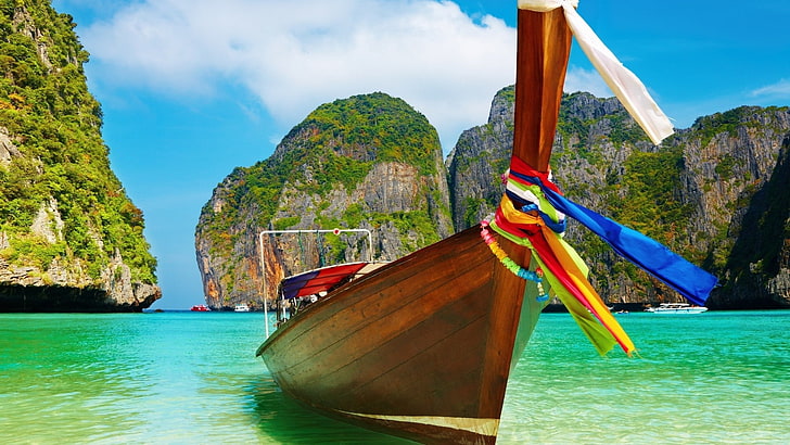 HD wallpaper: nature, boat, Phi Phi Islands, Thailand, bay, cliff, water |  Wallpaper Flare