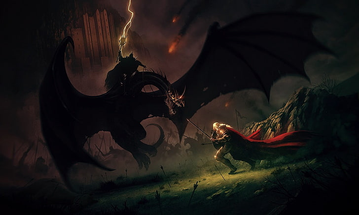 knight and dragon illustration, The Lord of the Rings, artwork, HD wallpaper