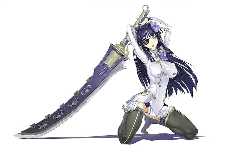 shadow, sword, white background, long hair, art, on my knees