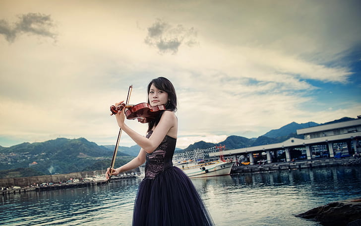 Asian girl, violin, music, pier