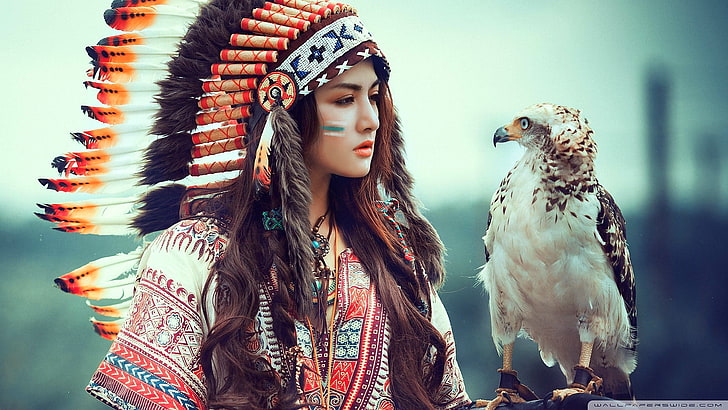 women, cosplay, animals, Native American clothing, birds, bird of prey
