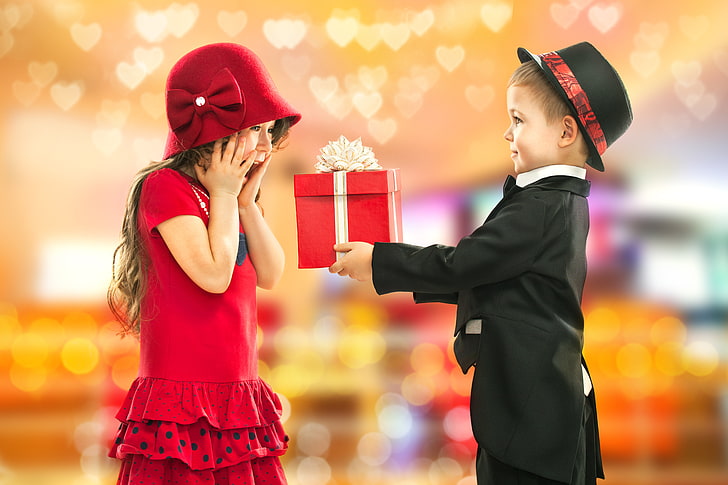 girl's red dress, children, birthday, gift, boy, gentleman, Little lady