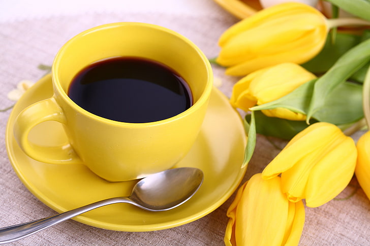 yellow ceramic coffee mug with saucer, flowers, Cup, tulips, breakfast