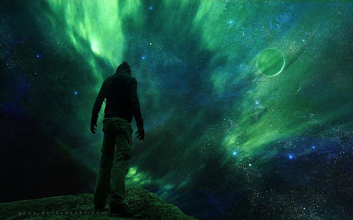 aurora borealis wallpaper, space, green, planet, stars, night