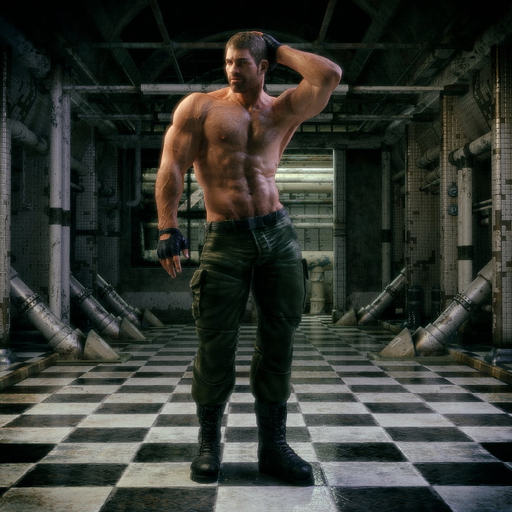 men's green cargo p, shirtless, strength, one person, muscular build