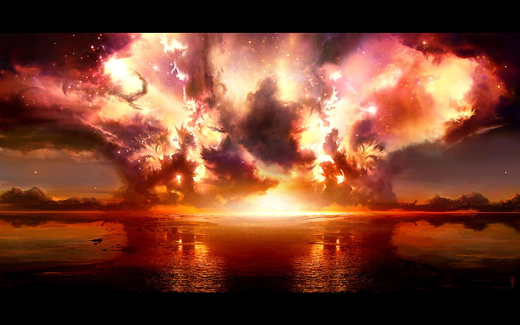 Nuclear explosion, sky, digital art, landscape, artwork, cloud - sky, HD wallpaper