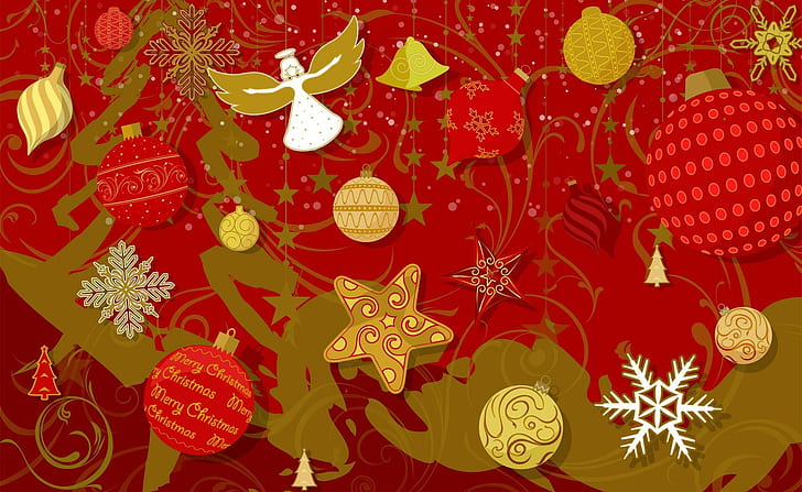 balls, stars, snowflakes, christmas decorations, holiday, HD wallpaper
