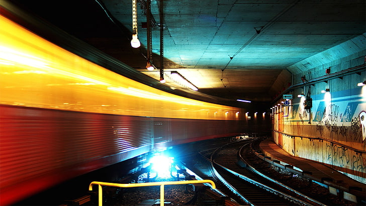 metro, urban, tunnel, underground, colorful, lights, long exposure, HD wallpaper
