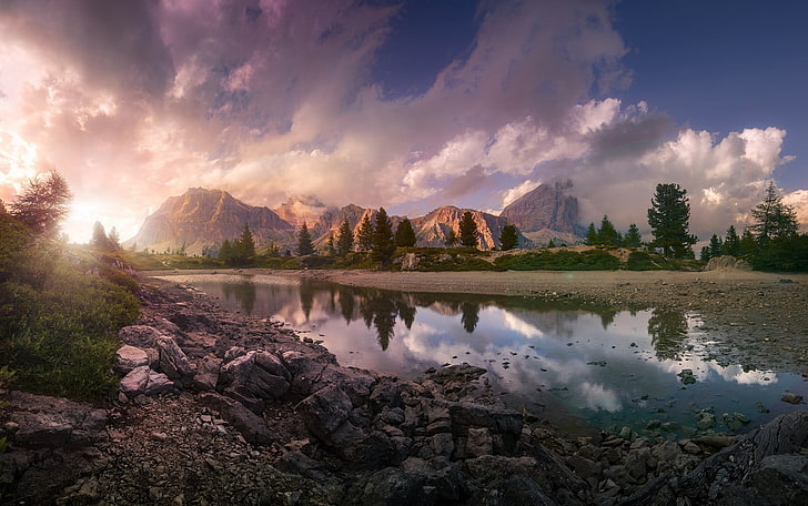 calm body of water near brown rocks, lake, sunset, mountains, HD wallpaper