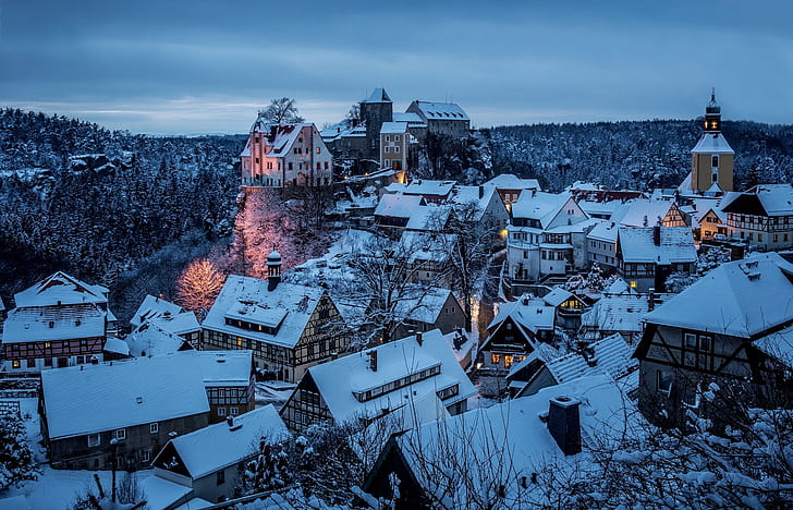 snow, castle, lights, Germany, forest, town, Hohnstein, house, HD wallpaper