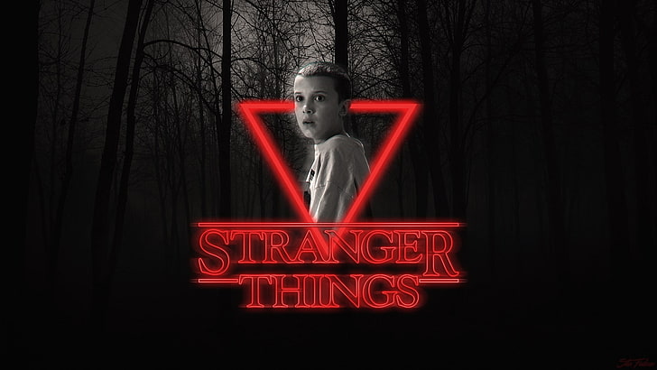 Stranger Things Eleven Neon Poster, illuminated, text, red, tree, HD wallpaper